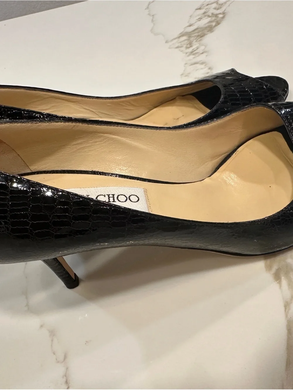 Jimmy Choo Black Patent Croc Peep Toe Pumps - Classic Heel